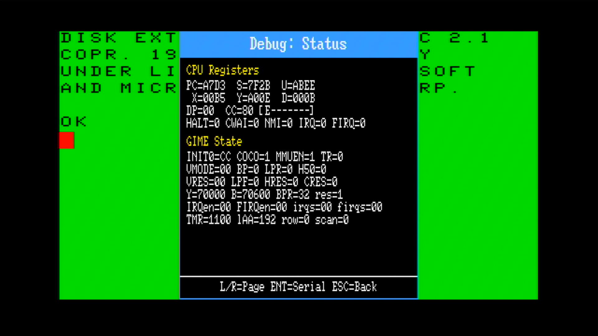 6809 CPU registers and GIME debug status
