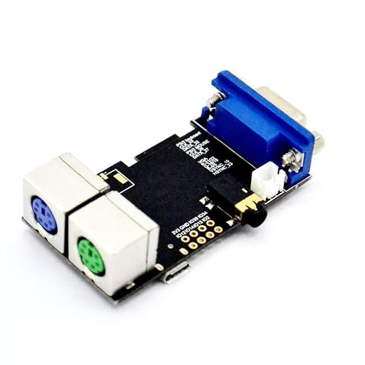 TTGO VGA32 board angled, showing dual PS/2 ports and blue VGA connector